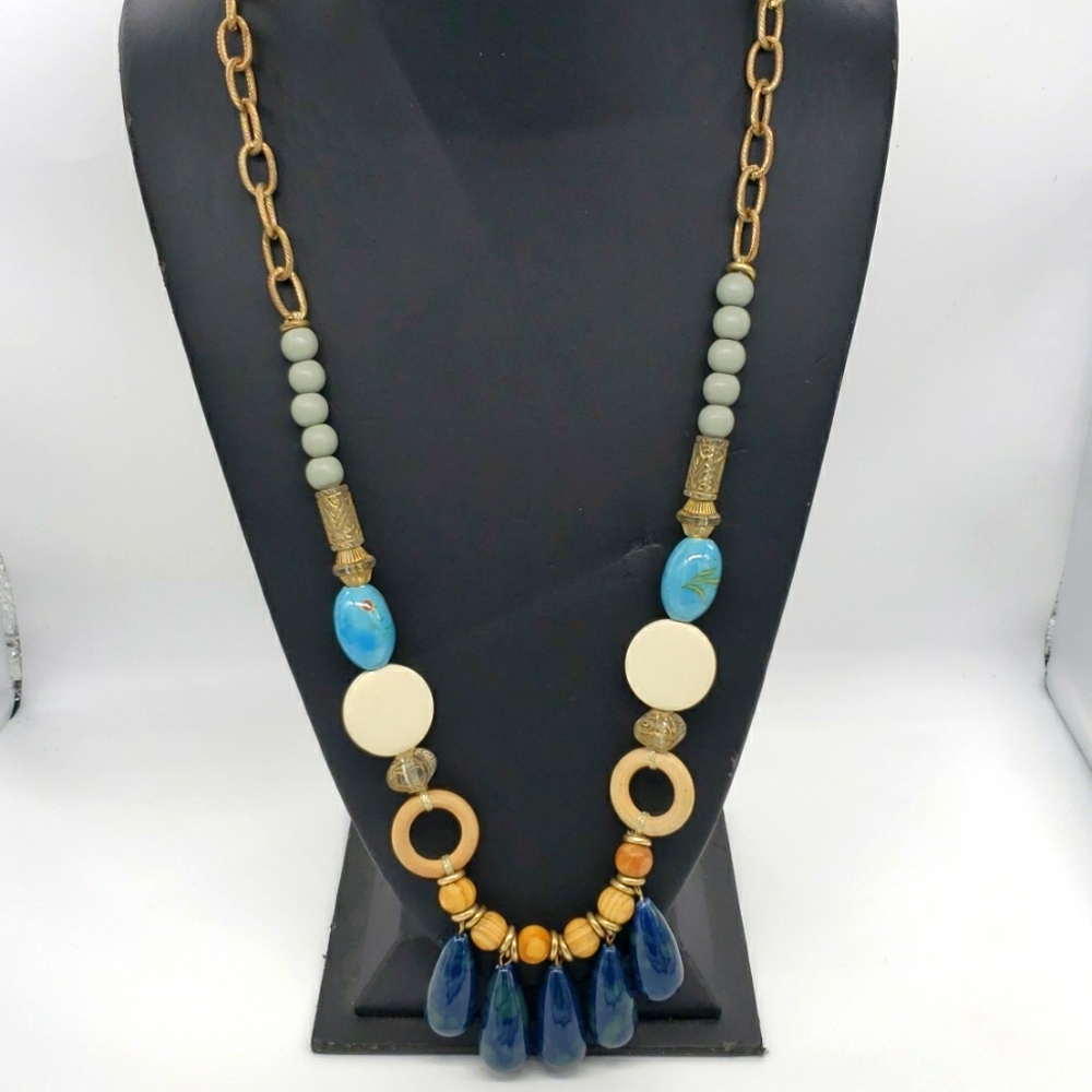 Women's Navy and Beaded Wood Long Statement Necklace